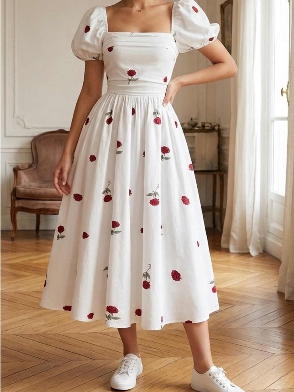 White Midi Dress with Red Rose Print - Puff Sleeve